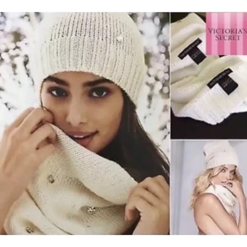 Victoria Secret White Knit Hat & Scarf Set NWT